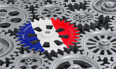 French flag on the gearwheel, business industrial concept. 3D rendering