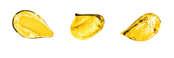 Set of assorted gold gel strokes. Vitamin C serum, cosmetic gel texture. Texture of hyaluronic...