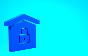 Blue House under protection icon isolated on blue background. Home and lock. Protection, safety, security, protect, defense concept. Minimalism concept. 3d illustration 3D render.