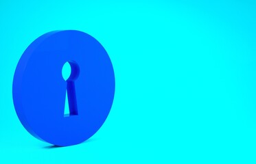 Blue Keyhole icon isolated on blue background. Key of success solution. Keyhole express the concept of riddle, secret, security. Minimalism concept. 3d illustration 3D render.