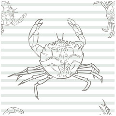 Seamless pattern doodle steeple gray crab on summer shower thin stripes