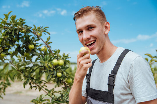A farmer holding an apple