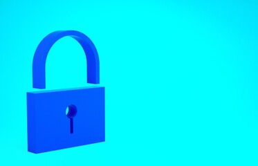 Blue Lock icon isolated on blue background. Padlock sign. Security, safety, protection, privacy concept. Minimalism concept. 3d illustration 3D render.