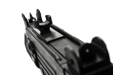 Close up of automatic mini machine uzi toy gun isolated on white background