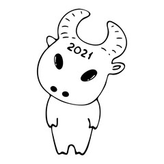 Vector illustration. Cute shy bull on a white background. Christmas decoration design element. Symbol of 2021. Ideal for children and baby projects, poster, banner, wrapping. Hand drawn doodle clipart