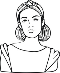 Doodle vector outline black and white portrait modern teenage girl in casual style clothes