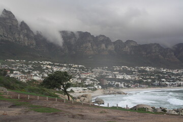 Panorama view of  the beautiful city of Cape Town, with its gorgeous mountains white sand beaches and clear blue water, South Africa, Africa.
