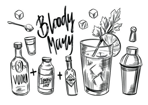 Bloody Mary. Alcohol coctail. Black outline on transparent background