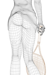 Fototapeta premium Wireframe of a girl in a skirt and with a tennis racket in hand. The tennis player stands with a naked booty. 3D. Vector illustration