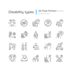 Disability types linear icons set. Blindness and deafness. Developmental delay form dyslexia. Customizable thin line contour symbols. Isolated vector outline illustrations. Editable stroke