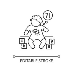Developmental delay linear icon. Child with difficulty of learning. Cognitive ability problem. Thin line customizable illustration. Contour symbol. Vector isolated outline drawing. Editable stroke