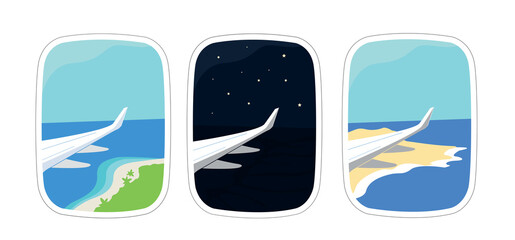 View from the porthole of the plane set. Vector illustration