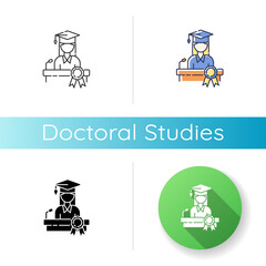 Doctoral studies icon. Linear black and RGB color styles. University graduation, academic achievement. Obtaining doctors degree. PhD student, successful graduate Isolated vector illustrations