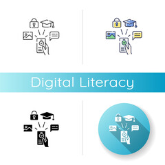 Digital literacy icon. Linear black and RGB color styles. Modern education, e learning. Using smartphone for education, communication and entertainment. Isolated vector illustrations