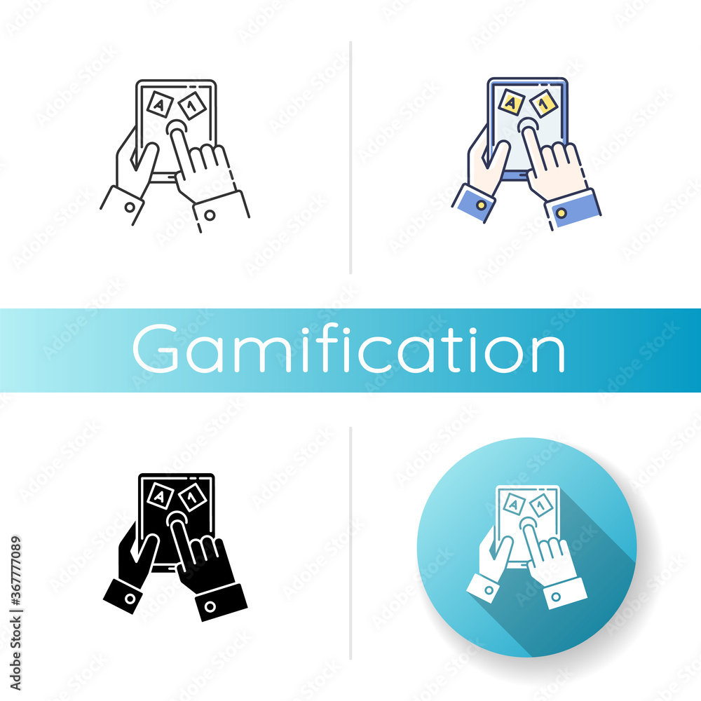 Poster gamification icon. linear black and rgb color styles. entertaining education. learning and playing, 