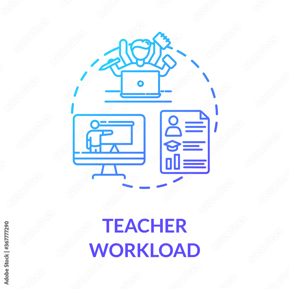 Poster teacher workload concept icon. remote education process. teaching and elearning. web conferencing. m