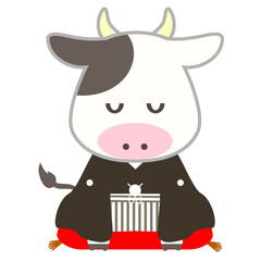 袴を着て座っているかわいい牛のイラスト
