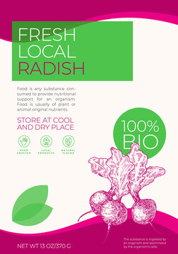 Fresh Local Vegetables Label Template. Abstract Vector Packaging Design Layout. Modern Typography Banner with Hand Drawn Radish Sketch Silhouette Background.