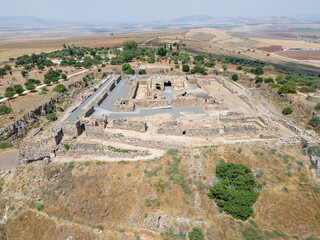 Aerial view to the ruins of the great Hospitaller fortress - Belvoir - Jordan Star - located on a hill above the Jordan Valley in Israel