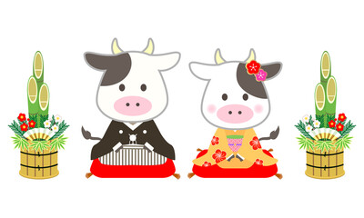 和装をして座っているかわいい牛と門松のイラスト　
