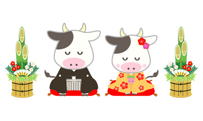和装をして座っているかわいい牛と門松のイラスト　

