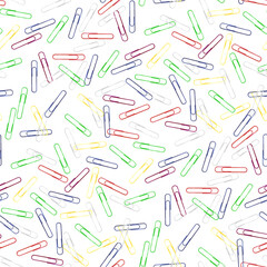 Fototapeta na wymiar Watercolor seamless pattern with office colored paper clips. Hand drawn objects on white background. Education Back to School concept. For wrapping, fabric, wallpaper.