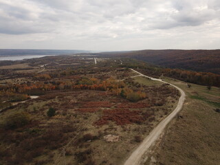 country roads seen from above. autumn landscape with forests and meadows seen from the drone