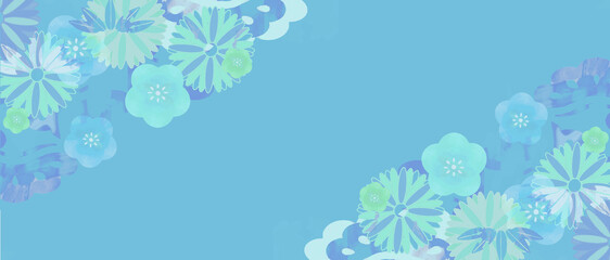 Fototapeta na wymiar 梅の花が描かれた和柄の青い背景イラスト