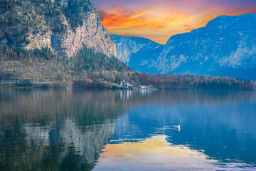 Hallstatt lake and mountain with castle on the other side of the lake in Austria