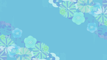 梅の花が描かれた和柄の青い背景イラスト