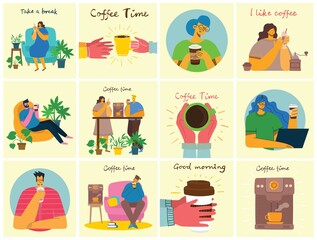Smiling people friend drinking coffee and talking. Coffee time, break and relaxation vector concept cards. Vector illustration in flat design style