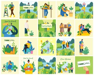 Fototapeta premium Set of eco save environment pictures. People taking care of planet collage. Zero waste, think green, save the planet, our home hand written text in the flat design