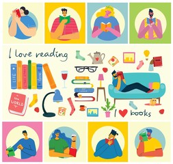 Vector concept illustrations of World Book Day, Reading the books and Book festival in the flat style. People sit, stand and walk and read a book