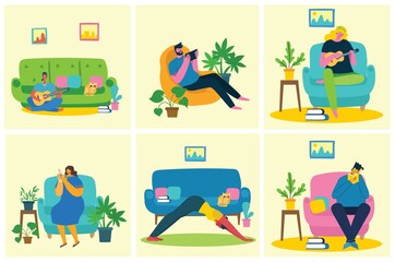 Take a break collage illustration. People have rest and drink coffee, use tablet on chair and sofa. Flat vector style.