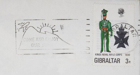 briefmarke stamp gestempelt used gibraltar slogan werbung alt old vintage retro come and enjoy our...