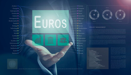 Businessman outreached hand holding a Euros business concept on a computerised screen display.