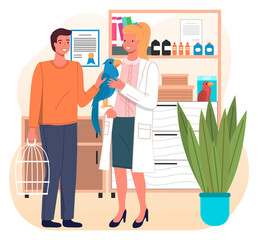Veterinary care. Veterinarian wooman meet man with parrot in the medical office. Person brought a bird in a cage for treatment to a doctor. Visit to the vet clinic to check the health of the animal