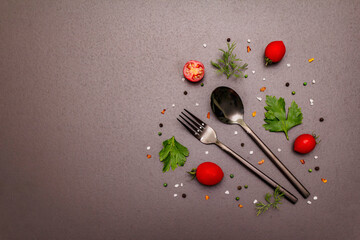Culinary background. Cooking food concept. Cutlery, fresh vegetables, spices, herbs