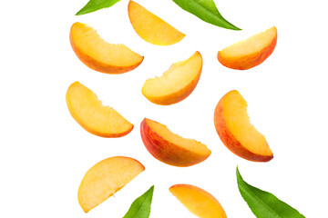 peach fruits with green leaf and slices isolated on white background. top view