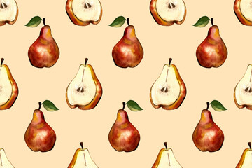 Hand drawn illustration of pear. Seamless pattern with fruit drawing. Organic fruit grown on the farm