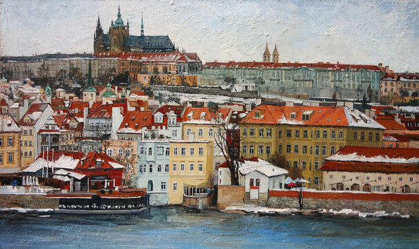Panoramic view of the winter Prague, Czech Republic, with beautiful red-roofs buildings and the cathedral on the background. oil painting