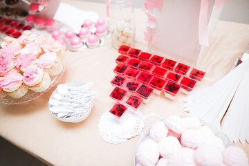 Delicious sweets on wedding candy buffet with desserts, cupcakes