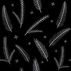 Christmas pattern with fir branches and snowflakes on a black background. Vector seamless pattern for the new year. Flat simple style. For wrapping paper, fabric, Wallpaper, scrapbooking.