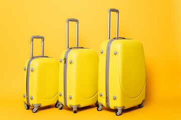 stack of travel bags on yellow background