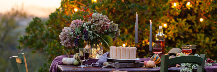 Beautiful and elegant table setting for a romantic date for a couple. Delicious meal, tasty...