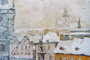 Ancient medieval buildings in the snow. Winter Prague, Czech Republic. Oil painting on canvas.