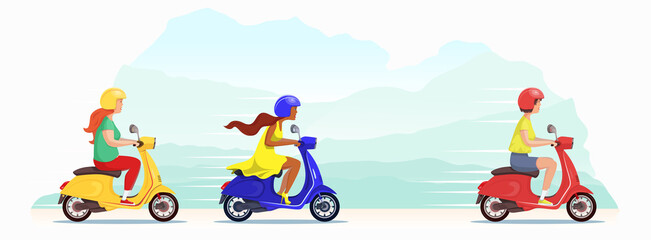 Fototapeta premium Beautiful young girls compete in a scooter race against the backdrop of nature. The leader of the race went into the lead and is rapidly pursued by women. Cute vector flat design banner illustration.