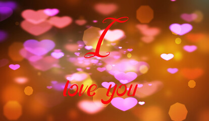 Kartka z napisem i love you z kolorowymi serduszkami i rozmytym tłem © Gosiak