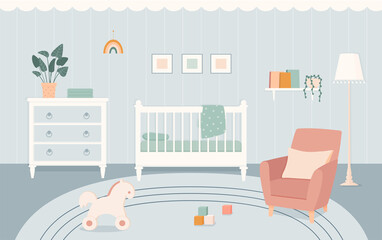 Baby room with furniture in flat style. Nursery and playroom interior with a baby cot in boho style. Vector illustration.