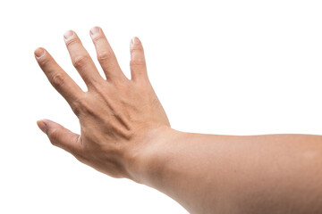 hand of man leader lift hands signaling stop On a white background